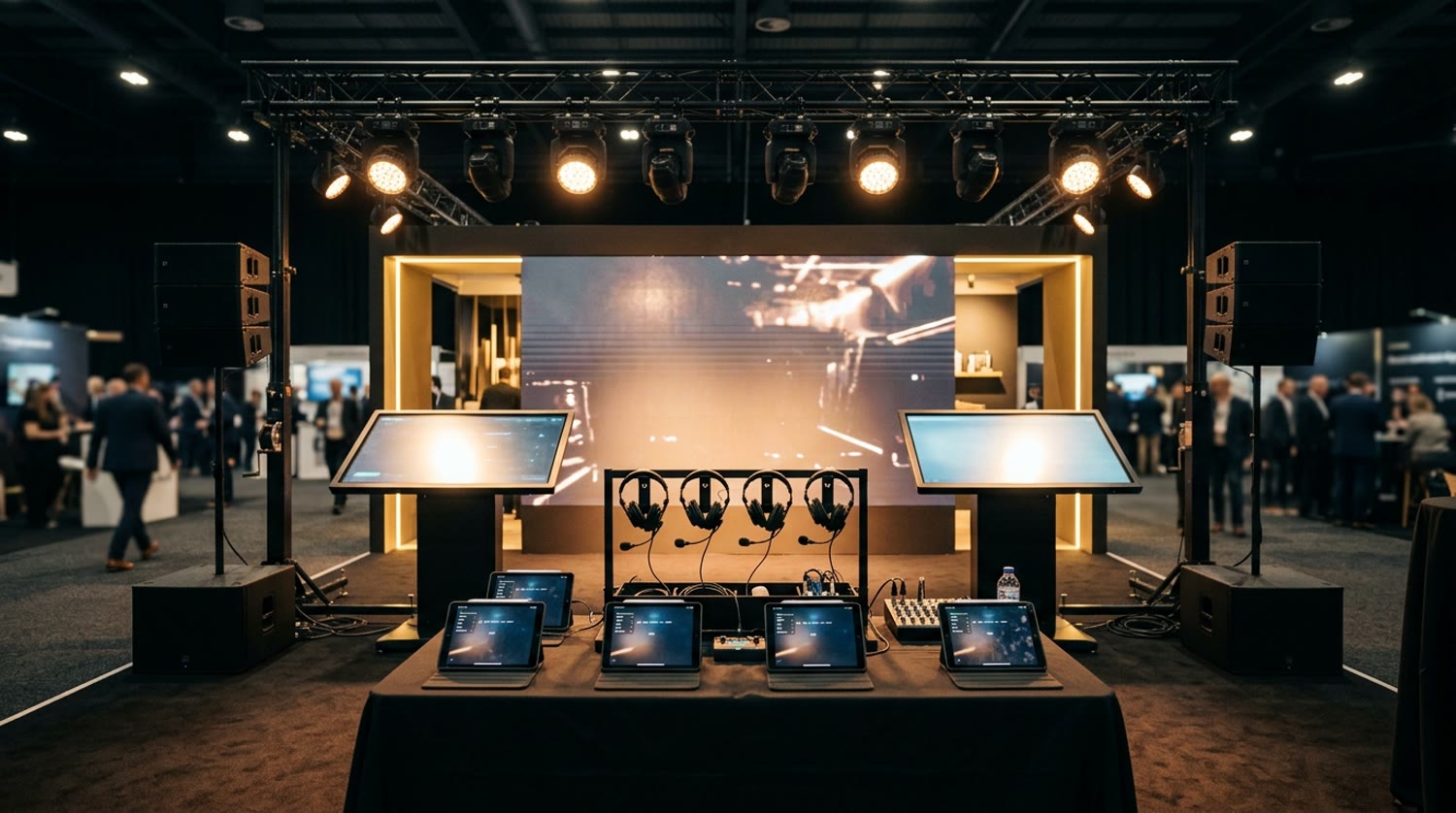 Setup de AV do evento: painel de LED, telas touch, som, iluminação, intercom e tablets