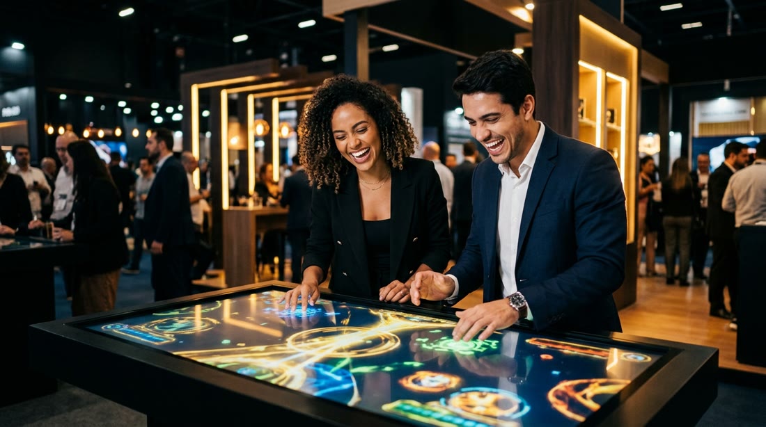Público jogando em tela touch em ativação corporativa